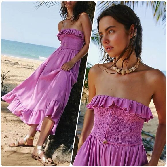 Free People Dresses & Skirts - Free People Midi Dress Lush Life Linen Strapless Smocked Opera Mauve Size M New